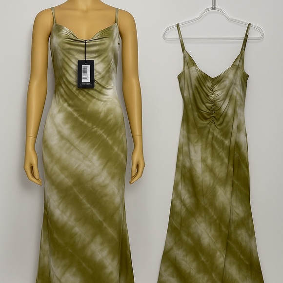 MF-239. Plus Khaki Tie Dye Cowl Ruched Front Bodycon Dress - Picture 1 of 4